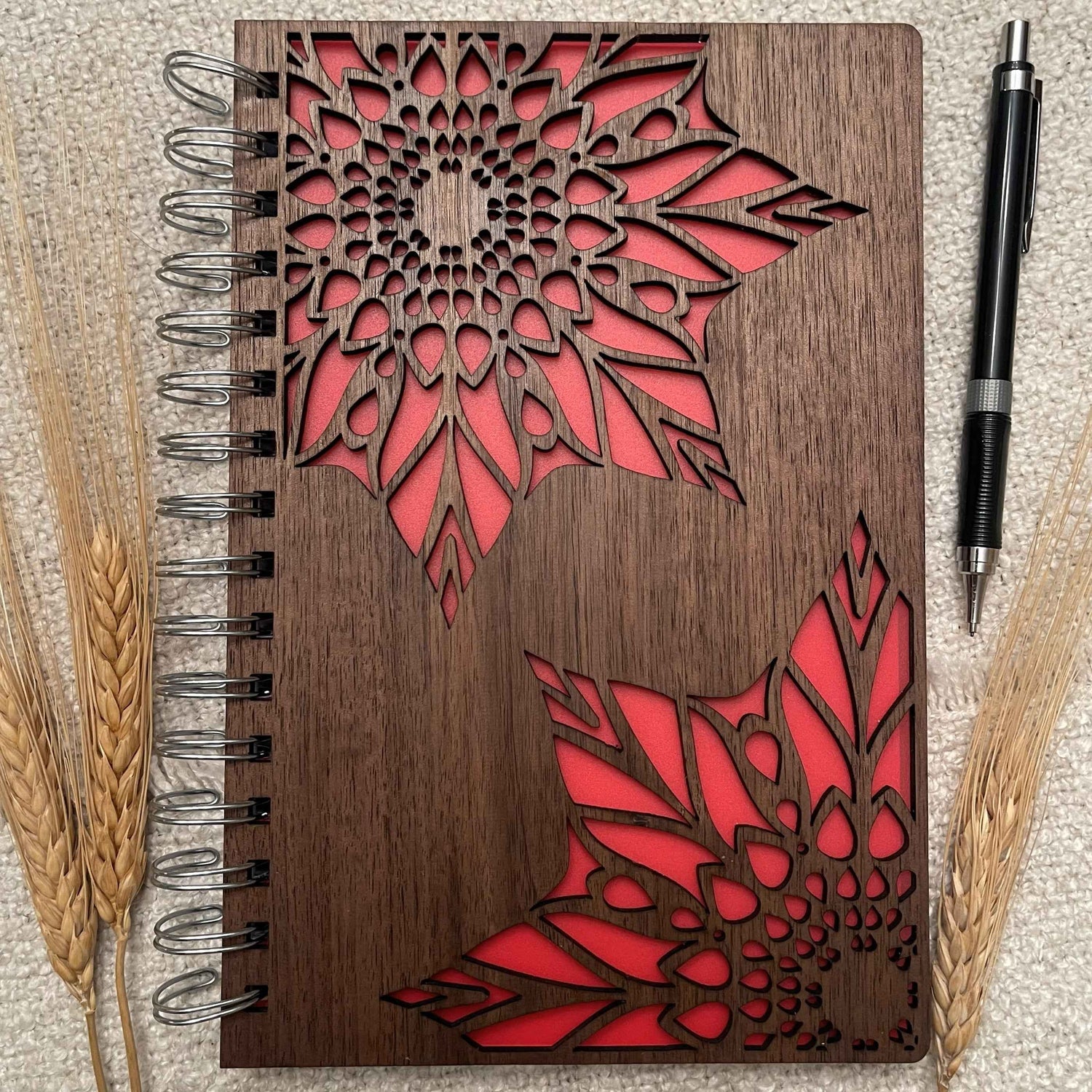 Petals in Motion – Engraved Wooden Mandala Journal